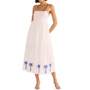 MINKPINK Isadora Palm Embroidered Midi Dress White Open Back Sundress XS NWT